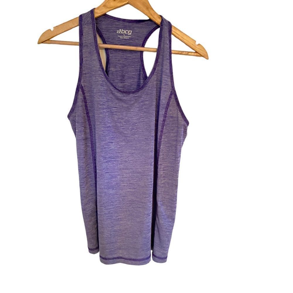 BCG large purple striped athletic razor back tank top